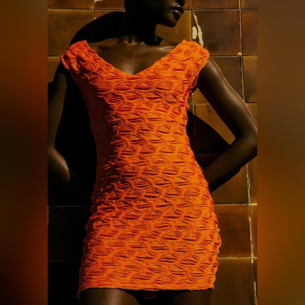 Zara Bodycon Textured Ruched Sleeveless Mini Dress Orange